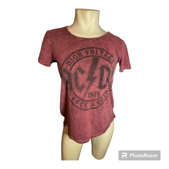 Tops - AC/DC Women’s Acid Wash Maroon Graphic Tee Size Small